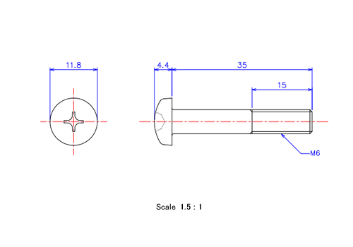 Drawing of Pan head ceramic screw M6x35L Metric.