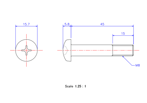 Drawing of Pan head ceramic screw M8x45L Metric.