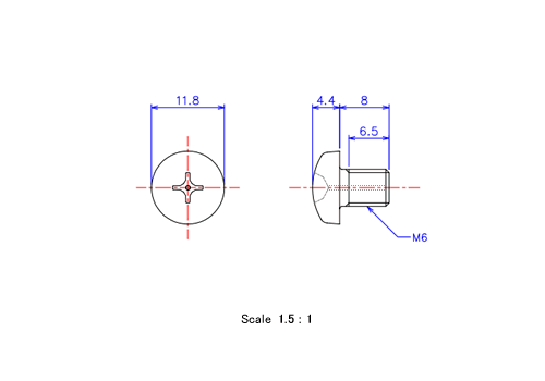 Drawing of Pan head gas hole ceramic screw M6x8L Metric.