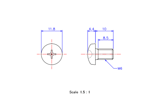Drawing of Pan head gas hole ceramic screw M6x10L Metric.