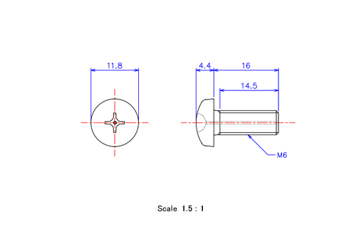 Drawing of Pan head gas hole ceramic screw M6x16L Metric.