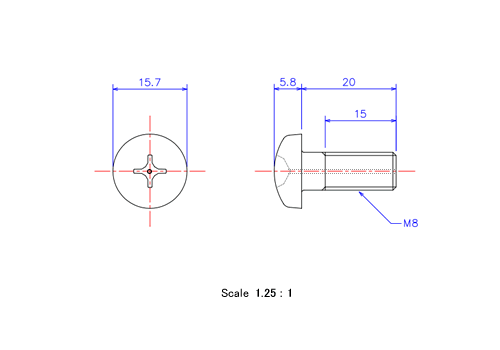 Drawing of Pan head gas hole ceramic screw M8x20L Metric.