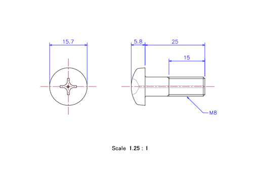 Drawing of Pan head gas hole ceramic screw M8x25L Metric.