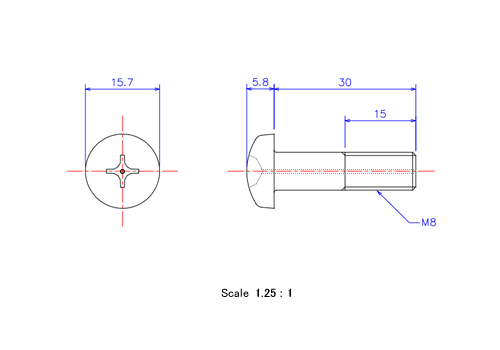 Drawing of Pan head gas hole ceramic screw M8x30L Metric.