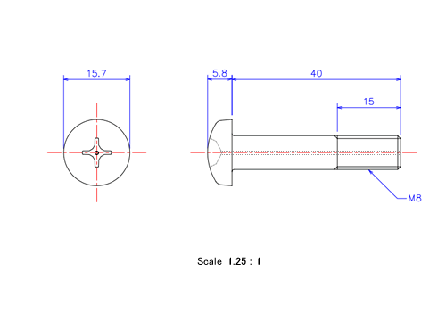 Drawing of Pan head gas hole ceramic screw M8x40L Metric.