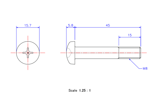 Drawing of Pan head gas hole ceramic screw M8x45L Metric.