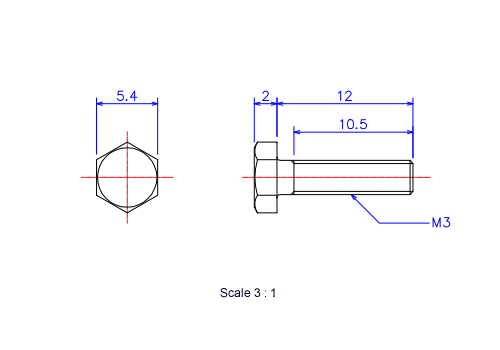 Drawing of Hexagon head ceramic screw (Hexagon bolt) M3x12L Metric.