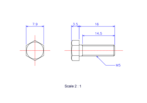 Drawing of Hexagon head ceramic screw (Hexagon bolt) M5x16L Metric.