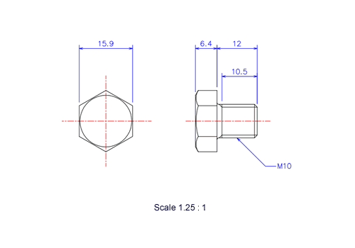 Drawing of Hexagon head ceramic screw (Hexagon bolt) M10x12L Metric.