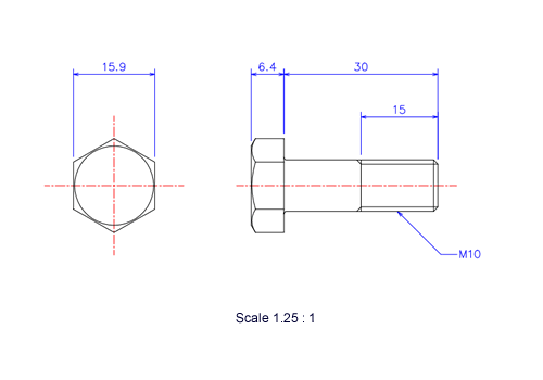 Drawing of Hexagon head ceramic screw (Hexagon bolt) M10x30L Metric.