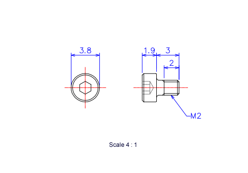 Drawing of Hexagon Socket head ceramic screw (Cap bolt) M2x3L Metric.