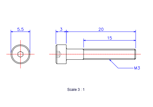 Drawing of Hexagon Socket head ceramic screw (Cap bolt) M3x20L Metric.