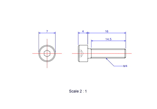 Drawing of Hexagon Socket head ceramic screw (Cap bolt) M4x16L Metric.