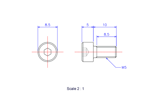 Drawing of Hexagon Socket head ceramic screw (Cap bolt) M5x10L Metric.