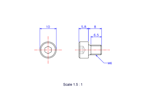 Drawing of Hexagon Socket head ceramic screw (Cap bolt) M6x8L Metric.
