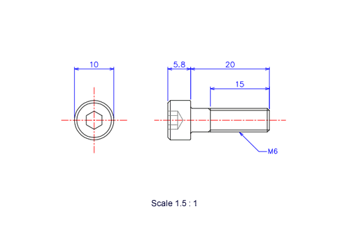 Drawing of Hexagon Socket head ceramic screw (Cap bolt) M6x20L Metric.