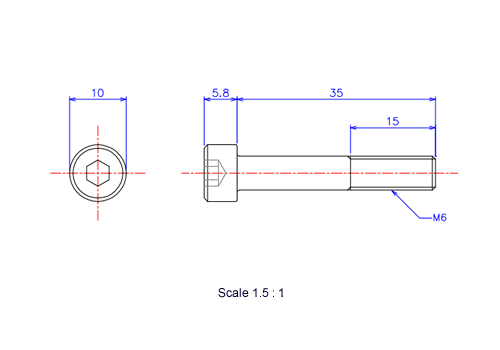 Drawing of Hexagon Socket head ceramic screw (Cap bolt) M6x35L Metric.