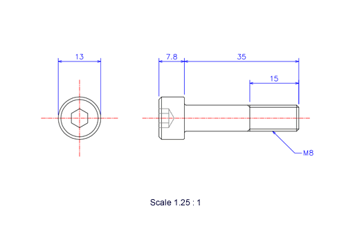 Drawing of Hexagon Socket head ceramic screw (Cap bolt) M8x35L Metric.