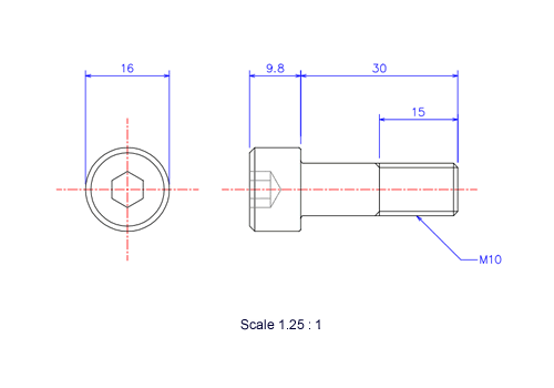 Drawing of Hexagon Socket head ceramic screw (Cap bolt) M10x30L Metric.
