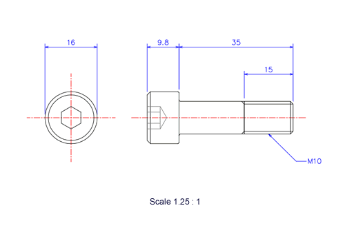 Drawing of Hexagon Socket head ceramic screw (Cap bolt) M10x35L Metric.