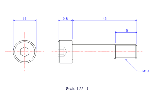 Drawing of Hexagon Socket head ceramic screw (Cap bolt) M10x45L Metric.