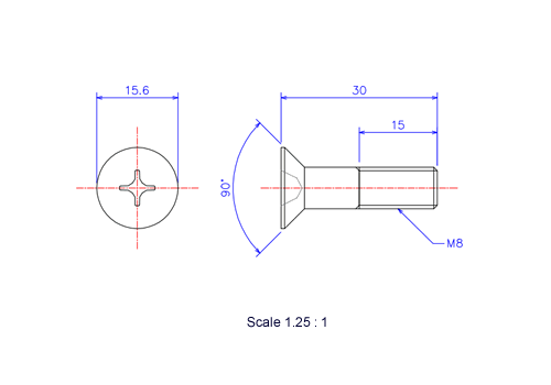 Drawing of Flat countersunk head ceramic screw M8x30L Metric.