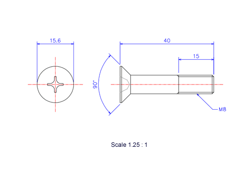 Drawing of Flat countersunk head ceramic screw M8x40L Metric.