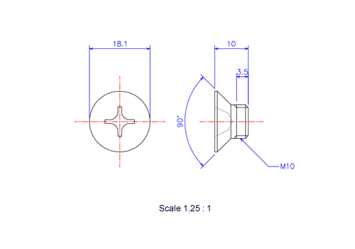 Drawing of Flat countersunk head ceramic screw M10x10L Metric.