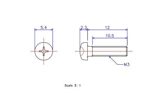 Drawing of Pan head ceramic screw M3x12L Metric.