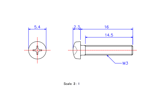 Drawing of Pan head ceramic screw M3x16L Metric.
