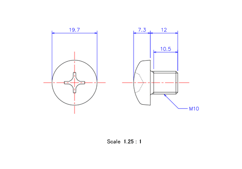 Drawing of Pan head ceramic screw M10x12L Metric.