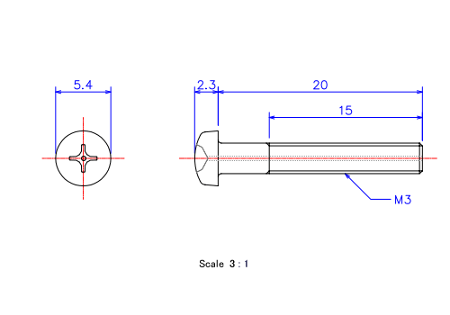 Drawing of Pan head gas hole ceramic screw M3x20L Metric.