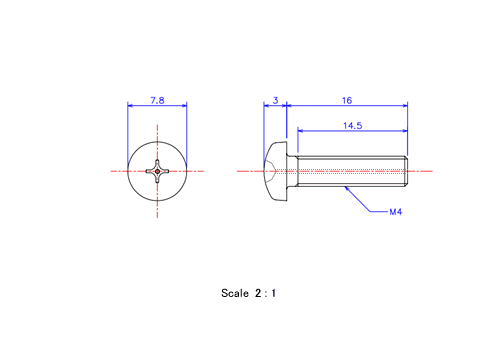 Drawing of Pan head gas hole ceramic screw M4x16L Metric.