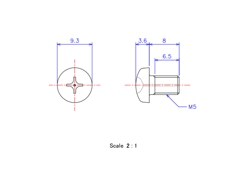 Drawing of Pan head gas hole ceramic screw M5x8L Metric.