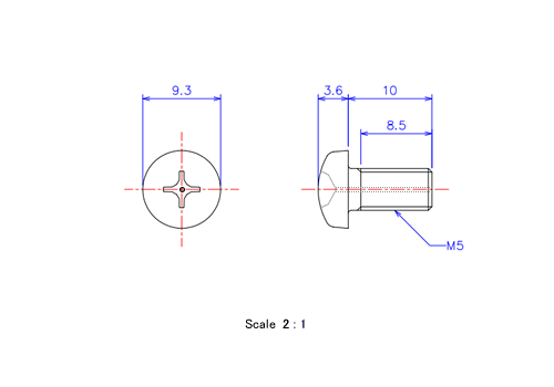 Drawing of Pan head gas hole ceramic screw M5x10L Metric.