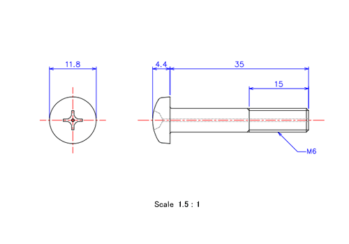 Drawing of Pan head gas hole ceramic screw M6x35L Metric.