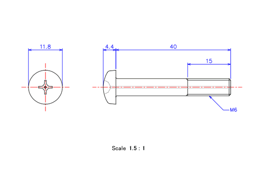 Drawing of Pan head gas hole ceramic screw M6x40L Metric.