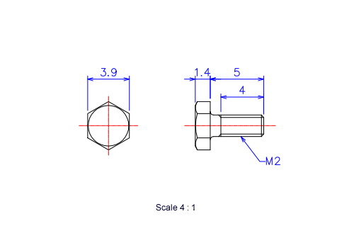 Drawing of Hexagon head ceramic screw (Hexagon bolt) M2x5L Metric.