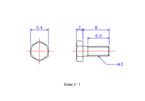 Drawing of Hexagon head ceramic screw (Hexagon bolt) M3x8L Metric.