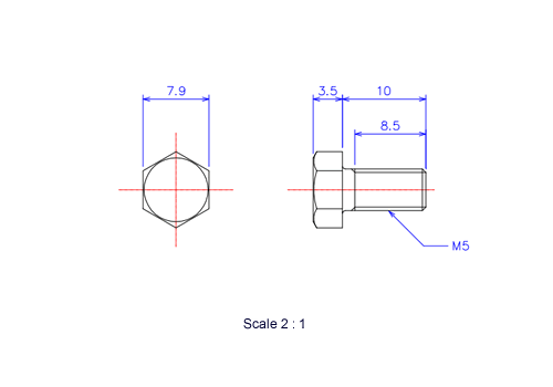 Drawing of Hexagon head ceramic screw (Hexagon bolt) M5x10L Metric.