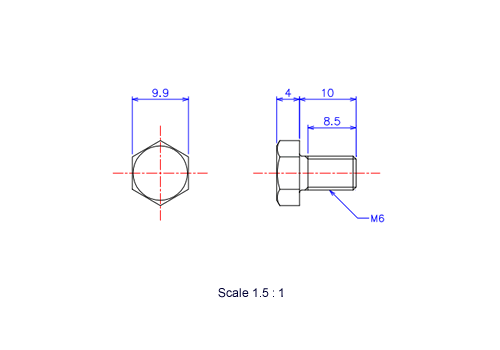Drawing of Hexagon head ceramic screw (Hexagon bolt) M6x10L Metric.