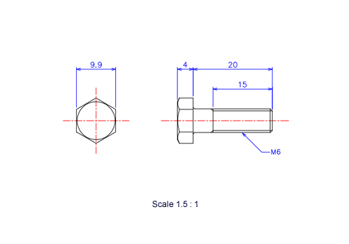 Drawing of Hexagon head ceramic screw (Hexagon bolt) M6x20L Metric.
