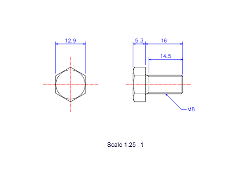 Drawing of Hexagon head ceramic screw (Hexagon bolt) M8x16L Metric.