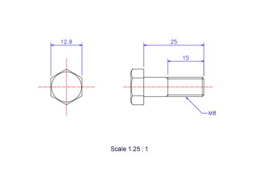 Drawing of Hexagon head ceramic screw (Hexagon bolt) M8x25L Metric.