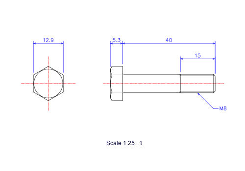 Drawing of Hexagon head ceramic screw (Hexagon bolt) M8x40L Metric.