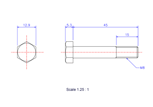 Drawing of Hexagon head ceramic screw (Hexagon bolt) M8x45L Metric.