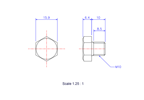 Drawing of Hexagon head ceramic screw (Hexagon bolt) M10x10L Metric.