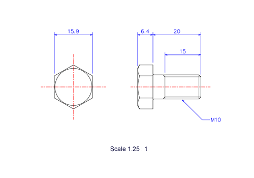 Drawing of Hexagon head ceramic screw (Hexagon bolt) M10x20L Metric.