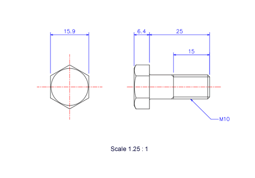 Drawing of Hexagon head ceramic screw (Hexagon bolt) M10x25L Metric.