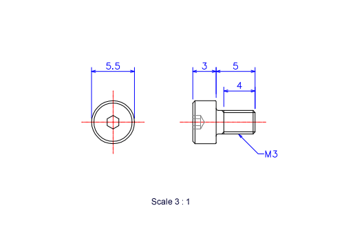 Drawing of Hexagon Socket head ceramic screw (Cap bolt) M3x5L Metric.